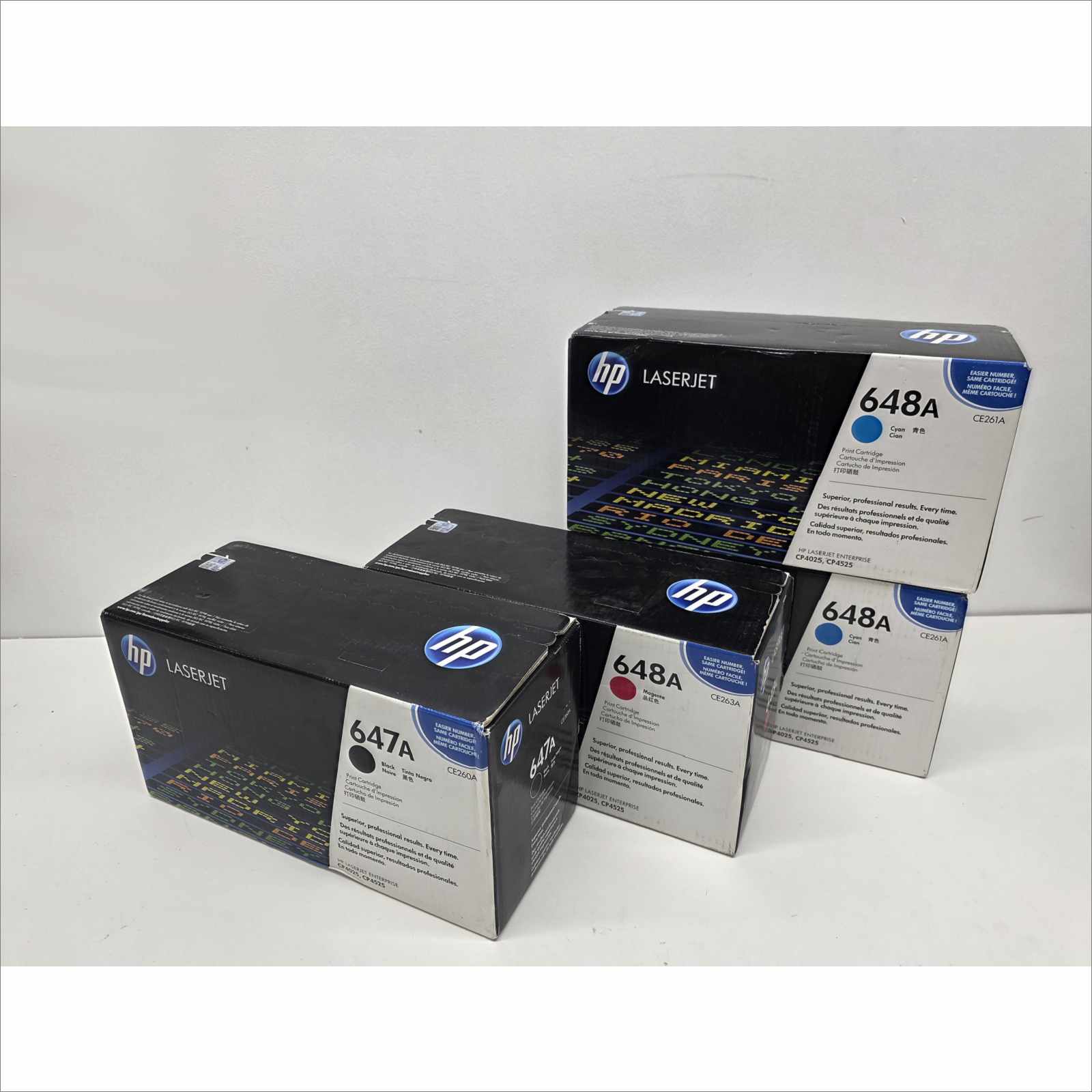 New OEM Lot of 4x HP 647A / 648A Color Toners – Black CE260A / Magenta CE263A / 2× Cyan CE261A – For HP Color LaserJet CP4025 / CP4525 Series – Sealed OEM Packaging