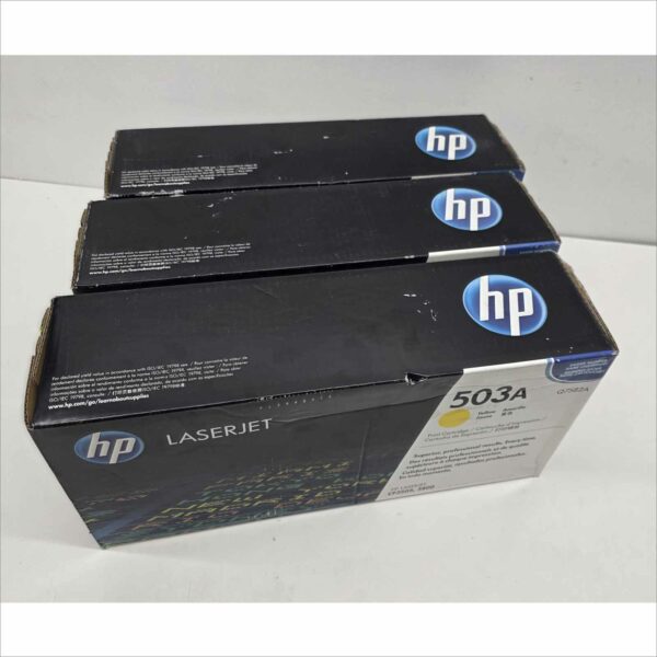 New OEM Lot of 3x HP 503A Color LaserJet Toner Cartridges – Yellow Q7582A / Magenta Q7583A / Cyan Q7581A – For HP Color LaserJet CP3505 / 3800 Series – Sealed OEM Packaging
