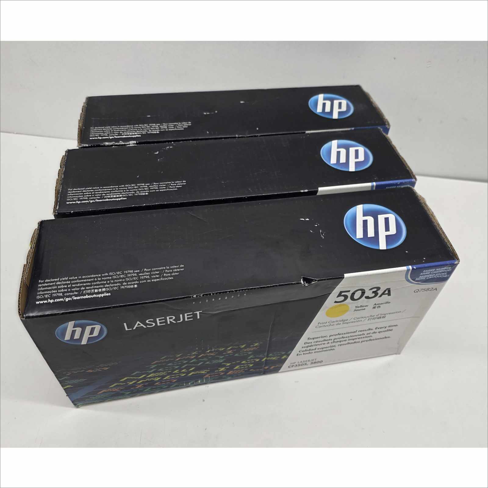 New OEM Lot of 3x HP 503A Color LaserJet Toner Cartridges – Yellow Q7582A / Magenta Q7583A / Cyan Q7581A – For HP Color LaserJet CP3505 / 3800 Series – Sealed OEM Packaging