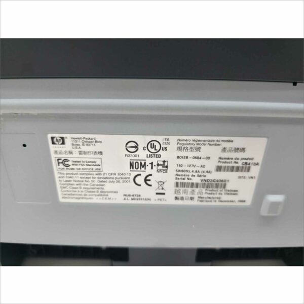 This HP LaserJet P1505n Workgroup Compact Monochrome Laser Printer (PN# CB413A) is guaranteed to be in good working and physical condition with normal cosmetic wear from prior use. It was tested with the following notes from our testing technician: Printer powered on successfully. Network and USB connections tested – data transfer verified. Print function verified (print quality as pictured). Page Count (PGC#): Not specified. Features & Specs: Model: HP LaserJet P1505n Product Number (PN#): CB413A Serial Number: VND3C40601 Printing Technology: Monochrome Laser Print Speed: Up to 24 ppm Resolution: 600 × 600 dpi (HP FastRes 1200) Processor: 266 MHz Memory: 2 MB Connectivity: USB 2.0, Ethernet Paper Input Capacity: 250 sheets Output Tray Capacity: 125 sheets Duty Cycle: Up to 8,000 pages/month Dimensions (W × H × D): 14.6″ × 9.6″ × 9.5″ Weight: 13 lbs Includes: 1x HP LaserJet P1505n Workgroup Compact Monochrome Laser Printer Does Not Include: Toner cartridge Power cable or USB cable Any other accessories not listed or pictured above Shipping Data: Unit dimensions (W × H × D): 14.6″ × 9.6″ × 9.5″ Unit weight: 13 lbs Shipping dimensions (W × H × D): 20.6″ × 15.6″ × 15.5″ Estimated shipping weight: 15 lbs ⚠️ Condition Note: Tested and functional. Toner and cables not included. ⚠️ Shipping Note: Toner cartridges are not shipped due to leakage and spill risks during transit. Buyers should install their own toner upon setup.