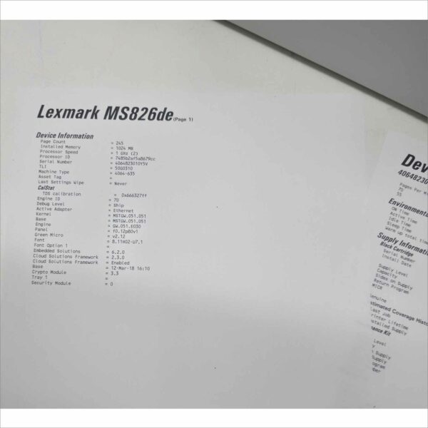Lexmark MS826de Monochrome Duplex 70 ppm Laser Printer - Low Count only 245 Pages