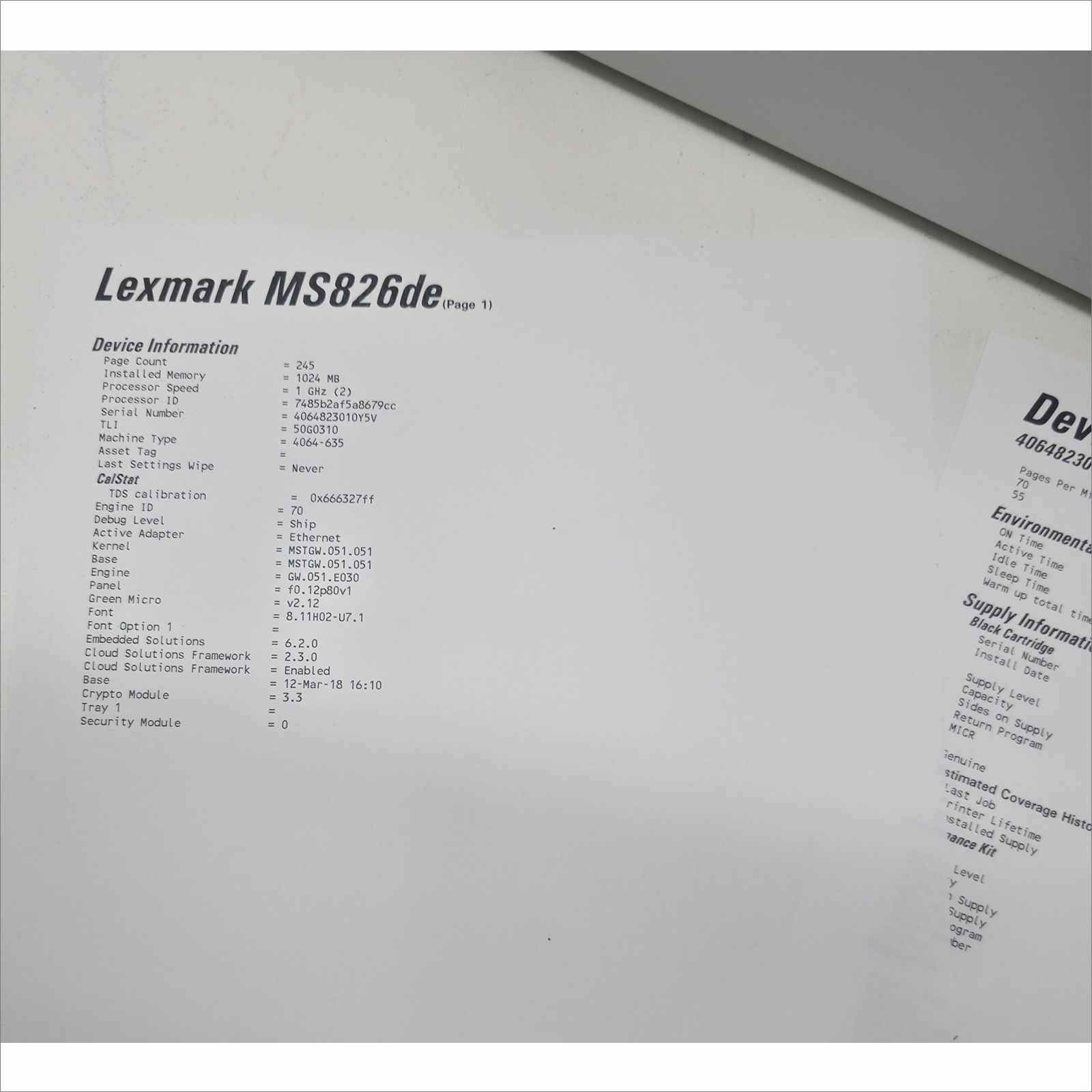 Lexmark MS826de Monochrome Duplex 70 ppm Laser Printer - Low Count only 245 Pages