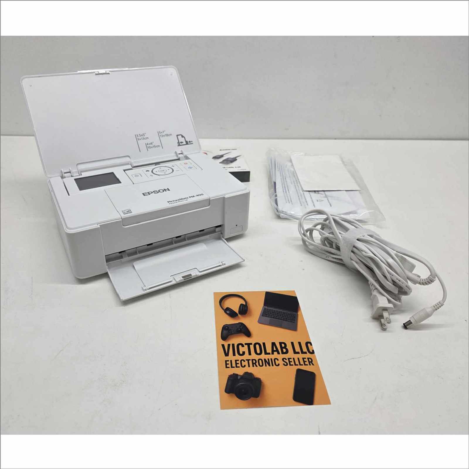 Epson PictureMate PM-400 Personal Photo Lab Inkjet Printer – With 24VDC PSU, USB Cable, OEM Packaging, Manual & Photo Paper