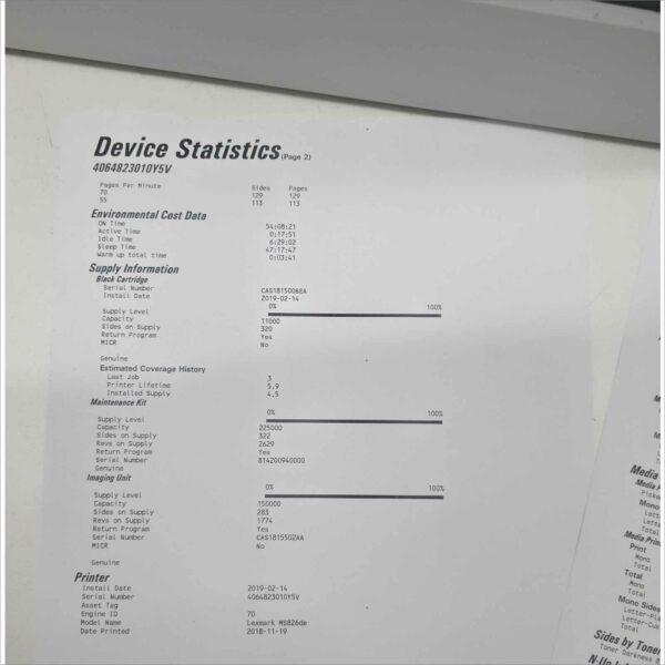 Lexmark MS826de Monochrome Duplex 70 ppm Laser Printer - Low Count only 245 Pages