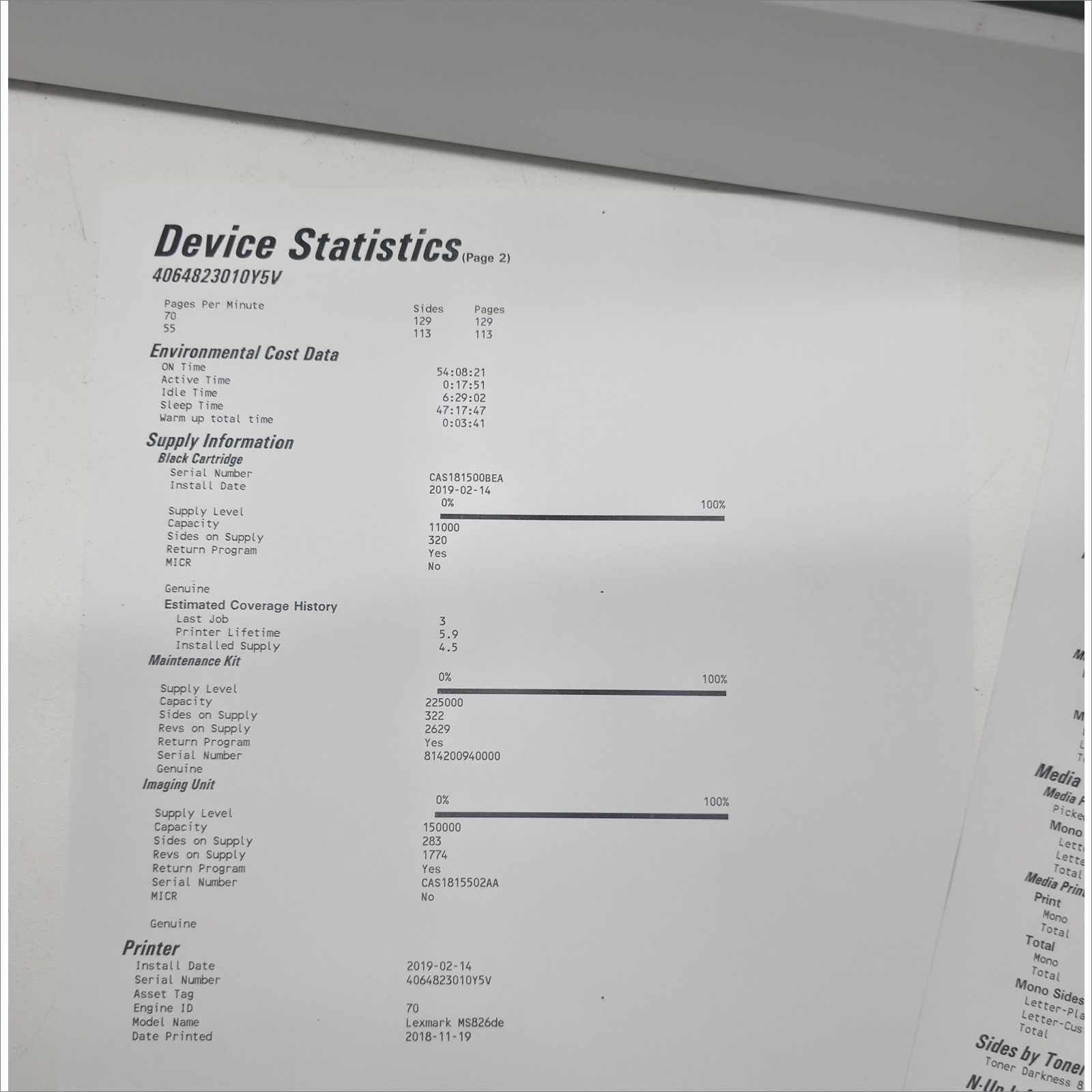 Lexmark MS826de Monochrome Duplex 70 ppm Laser Printer - Low Count only 245 Pages