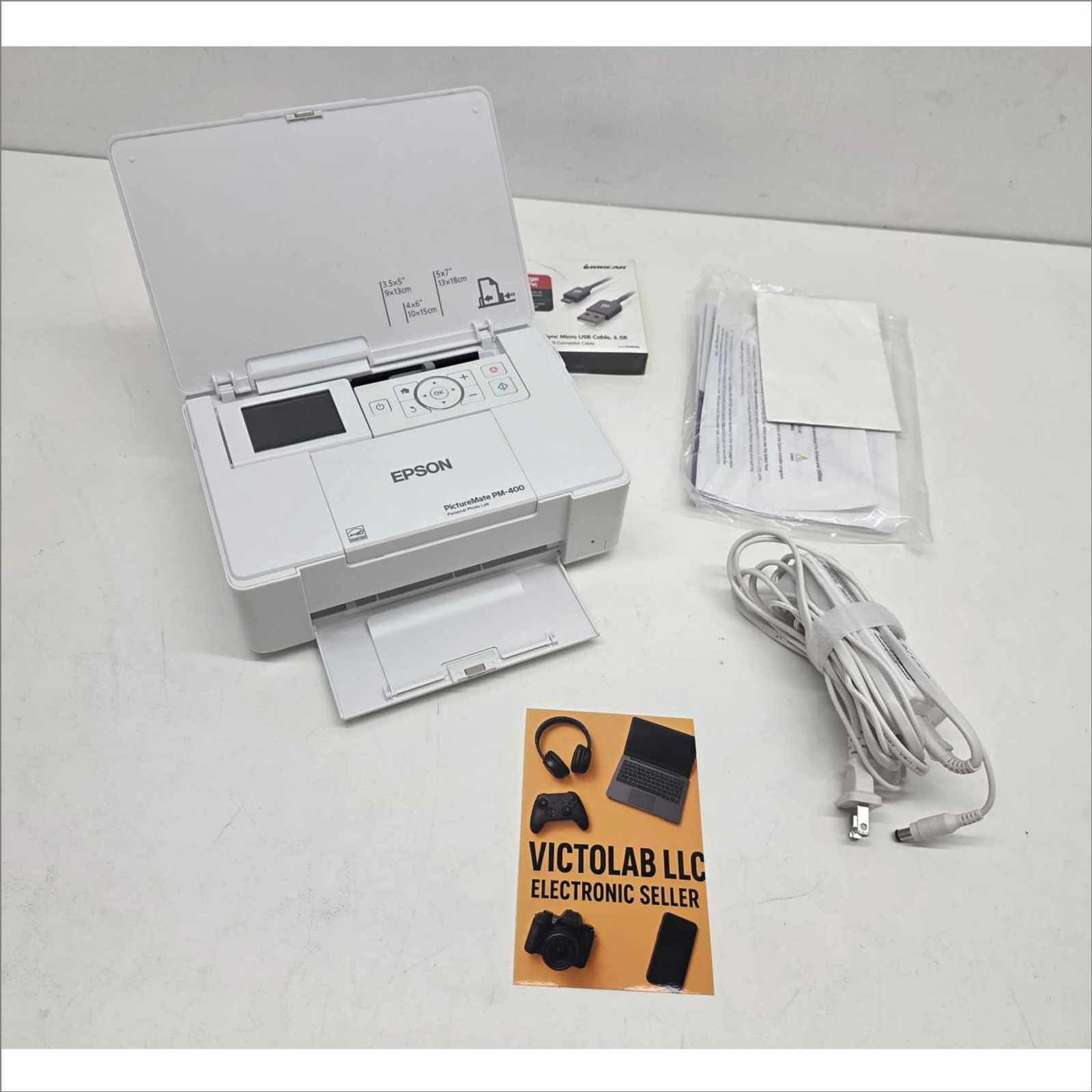 Epson PictureMate PM-400 Personal Photo Lab Inkjet Printer – With 24VDC PSU, USB Cable, OEM Packaging, Manual & Photo Paper