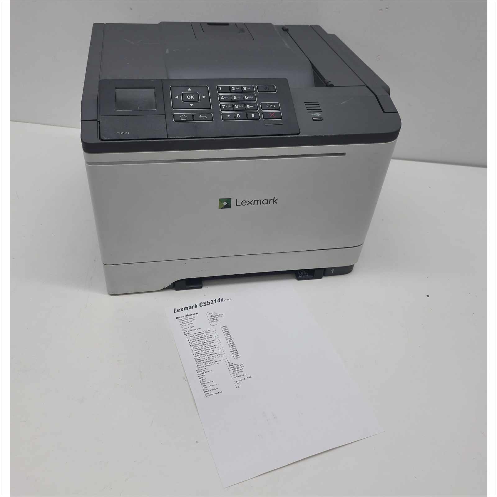 Lexmark CS521dn Color Laser Printer – Page Count 9 – Cracked Tray (Jams / Needs Replacement)