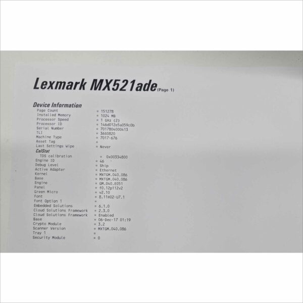 Lexmark MX521ade Monochrome Laser Printer – 151K Pages – Tested Working