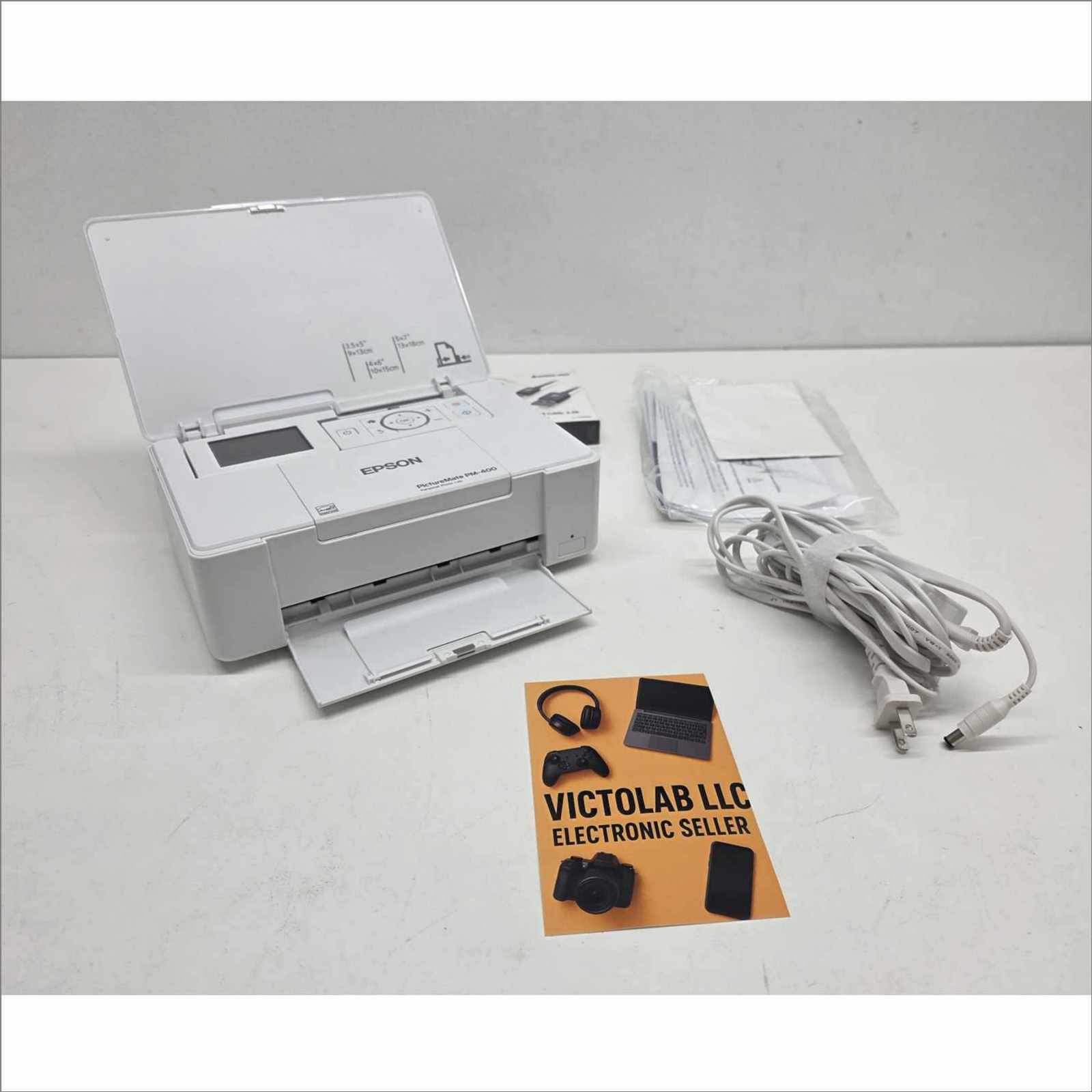 Epson PictureMate PM-400 Personal Photo Lab Inkjet Printer – With 24VDC PSU, USB Cable, OEM Packaging, Manual & Photo Paper