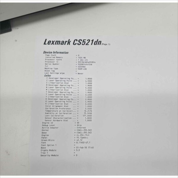 Lexmark CS521dn Color Laser Printer – Page Count 9 – Cracked Tray (Jams / Needs Replacement)