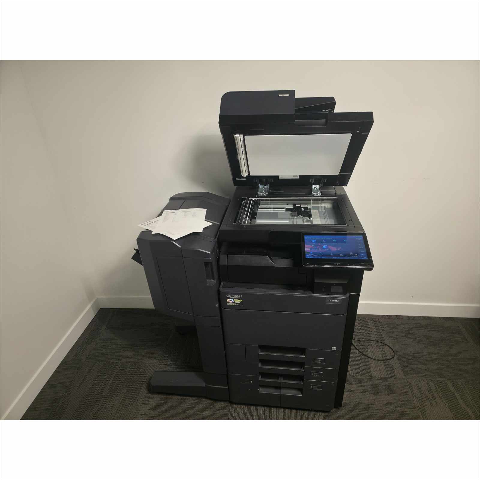 Kyocera TaskAlfa 5053ci A3 Color Laser MFP Copier Printer Scanner 50 ppm – w/ DF-7120 Finisher, PF-7110 Paper Feeder, DP-7160 Scanner