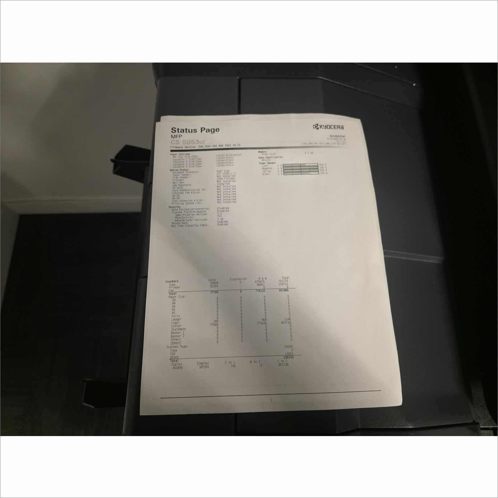 Kyocera TaskAlfa 5053ci A3 Color Laser MFP Copier Printer Scanner 50 ppm – w/ DF-7120 Finisher, PF-7110 Paper Feeder, DP-7160 Scanner