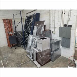 Warehouse, Office Furniture and Equipment Lot – Multiple Desks, Workbenches, Racks, and Seating